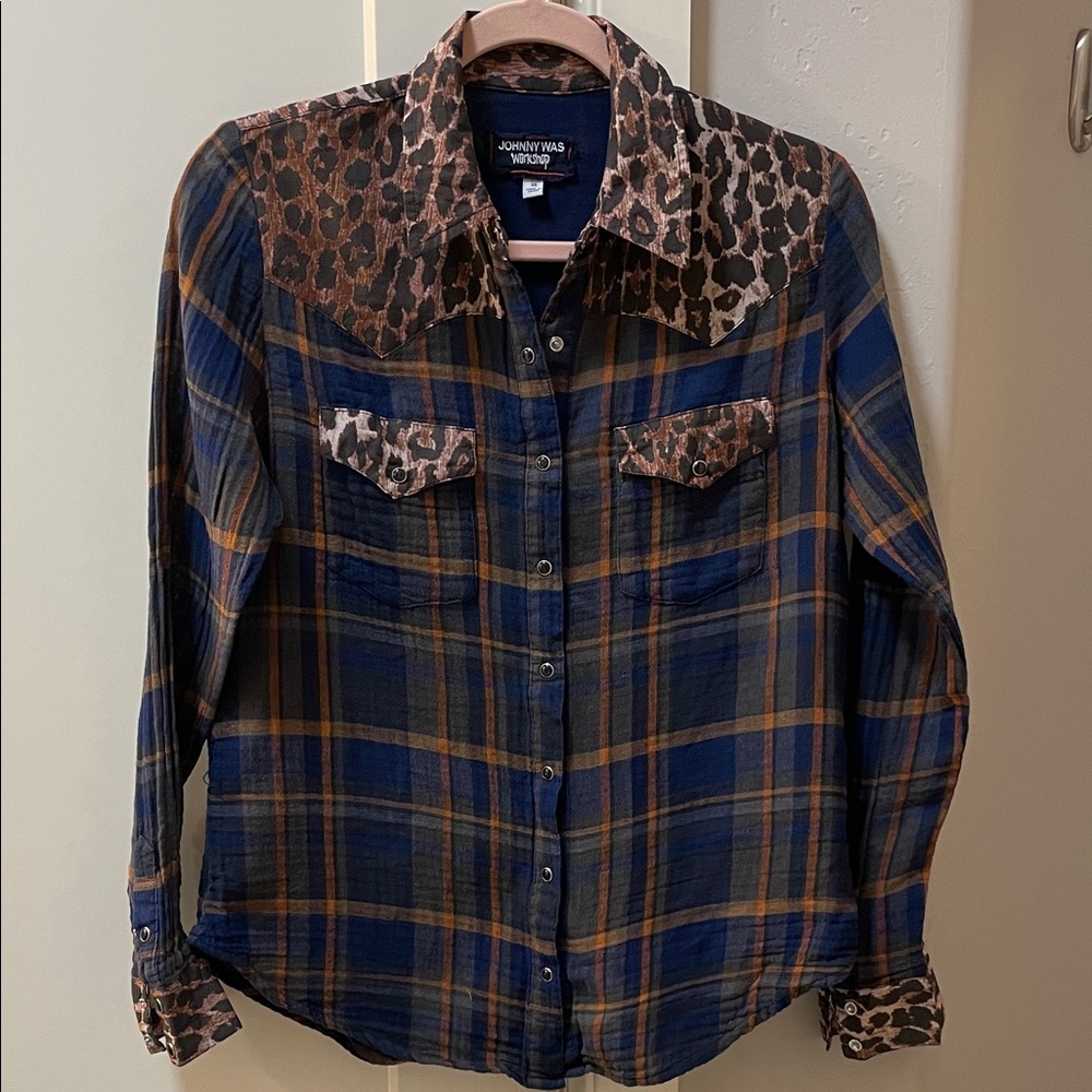 Johnny Was Blue and Brown Plaid Button Down Shirt
